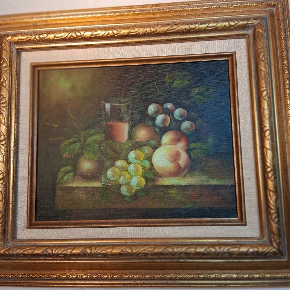 Vintage M. Aaron Signed Still Life Oil Paintings Pair Fruit Grapes Framed 8x10